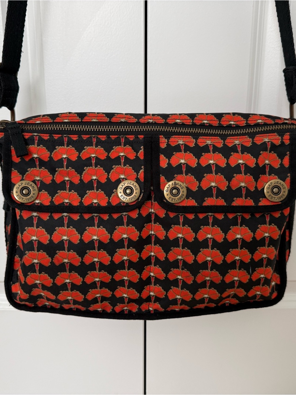 GAP Black Crossbody Messenger Bag with Navy & Red Floral Print